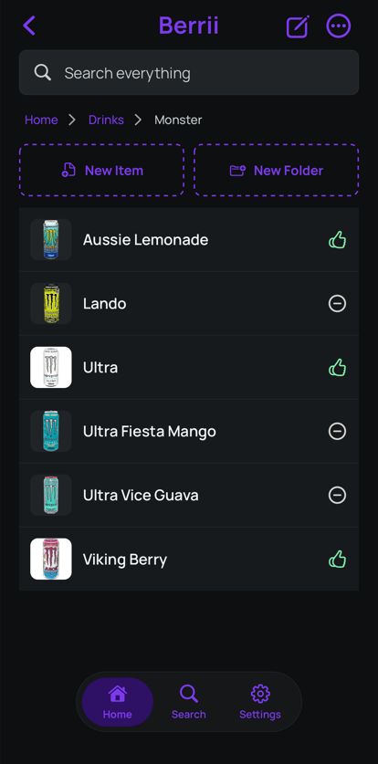 Berrii folder full of rated items, in dark mode