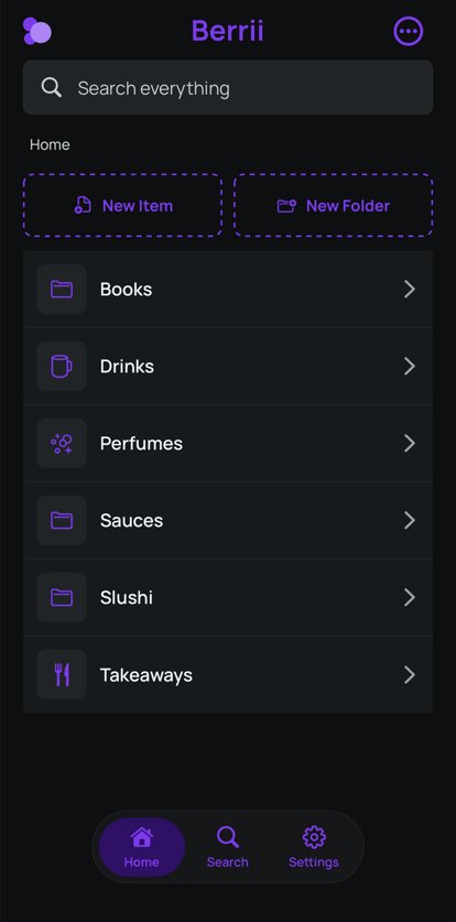 Berrii home screen with folders, in dark mode
