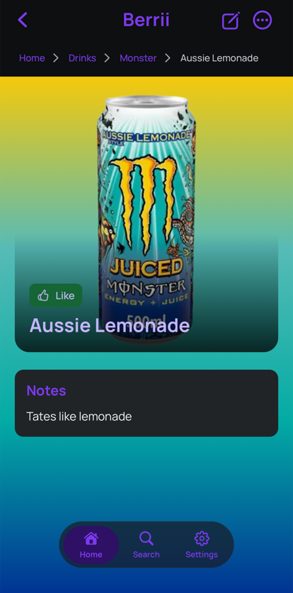 Berrii item with rating, photo, and notes, in dark mode