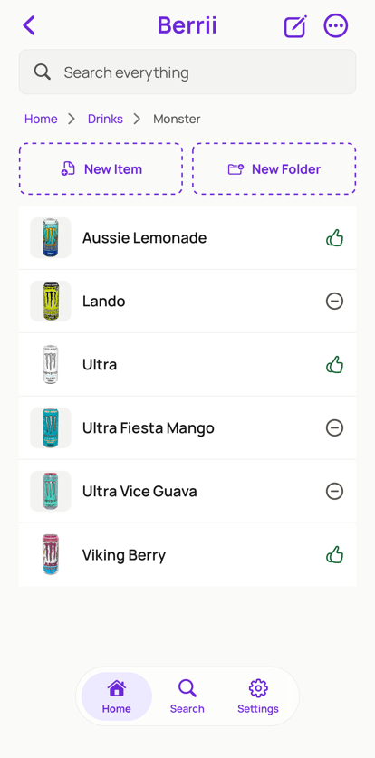 Berrii folder full of rated items, in light mode